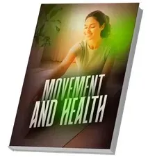 A 3D mockup of a book cover titled 'MOVEMENT AND HEALTH'. The title text is rendered in large, stylized white capital letters. The background features a softly blurred image of a smiling young woman with her hair tied up, wearing a light-colored t-shirt, sitting on the floor in a brightly lit room with indoor plants. The cover has a warm color gradient blending into a vibrant green overlay near the text.