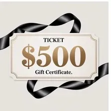 A rectangular cream-colored gift certificate ticket with an elegant double border, featuring the text 'TICKET' at the top, a large '$500' in a golden metallic font in the center, and 'Gift Certificate.' written below it. A glossy, flowing black ribbon is elegantly woven behind and around the ticket against a plain light background.