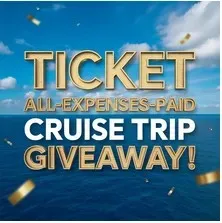 A promotional graphic against a background split horizontally by a bright blue sky with white clouds on top and a deep blue ocean below. The text features large golden letters for 'TICKET' and 'ALL-EXPENSES-PAID', followed by 'CRUISE TRIP' in bold white capital letters, and 'GIVEAWAY!' in matching golden capital letters at the bottom. Metallic golden confetti flakes float dynamically around the text.