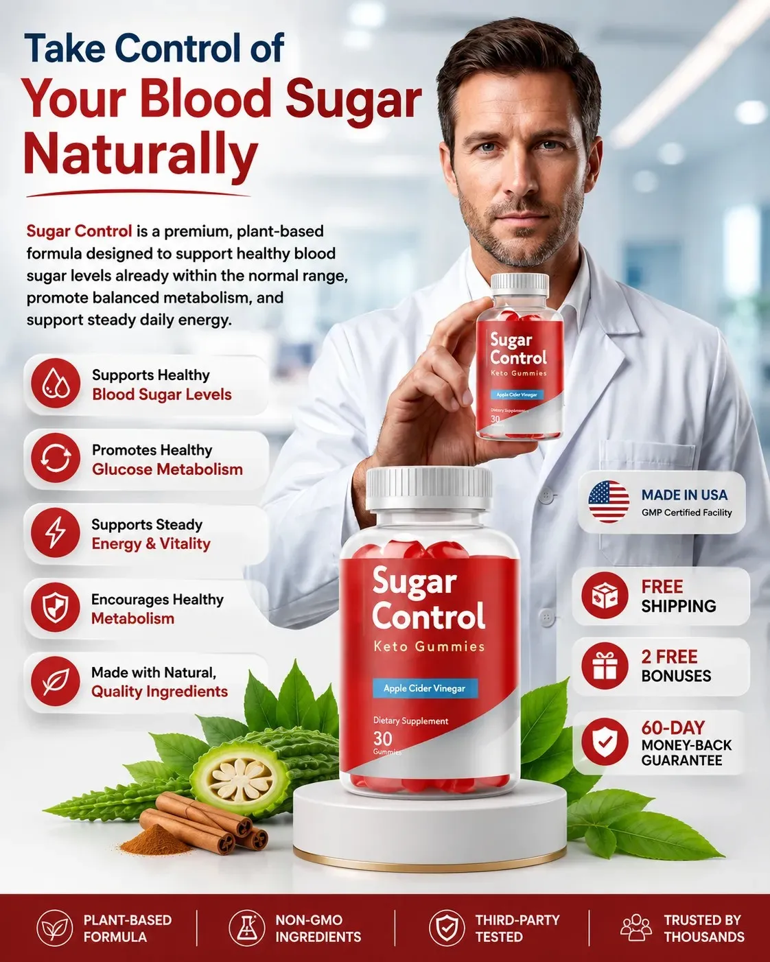'A bottle of Sugar Control Keto Gummies with Apple Cider Vinegar, containing 30 gummies, centered on a reflective surface with red molecular structures floating in the background.'