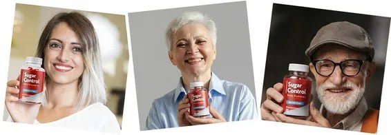 A collage of three smiling people of different ages, each holding up a bottle of 'Sugar Control Keto Gummies'. On the left, a young woman with blonde-streaked hair holds a bottle in her hand. In the center, a middle-aged woman with short gray hair smiles broadly while holding a bottle. On the right, an elderly man with glasses, a white beard, and a flat cap holds a bottle next to his face.