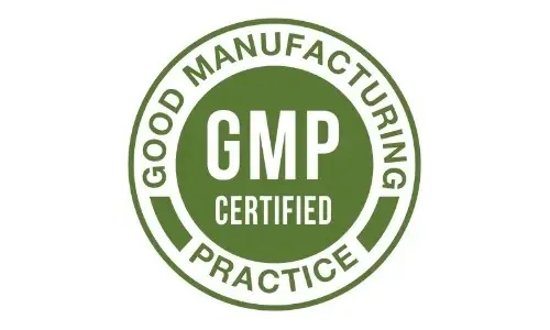 An olive green, circular certification stamp featuring the bold acronym 'GMP' above the word 'CERTIFIED' in white text at the center. The inner circle is bordered by an outer ring containing the phrase 'GOOD MANUFACTURING PRACTICE' in dark green block lettering.