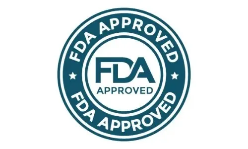 A circular, teal-colored quality seal featuring the stylized letters 'FDA' above the word 'APPROVED' in the center. The center circle is surrounded by a teal outer ring that repeats the phrase 'FDA APPROVED' along the top and bottom curves, separated by two small white stars on the left and right sides.