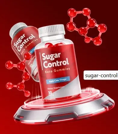 Two red bottles of 'Sugar Control Keto Gummies' dietary supplement showcased on a futuristic, glowing metallic platform against a dark red background. The foreground bottle clearly displays labels for 'Apple Cider Vinegar'.webp' alt='Two bottles of Sugar Control Keto Gummies with Apple Cider Vinegar resting on a glowing, futuristic metallic platform, surrounded by red molecular structures.'