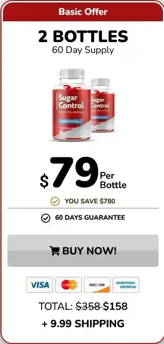 'Sugar Control Keto Gummies basic offer price banner for 2 bottles at $79 each. Features a Buy Now button and credit card options.'