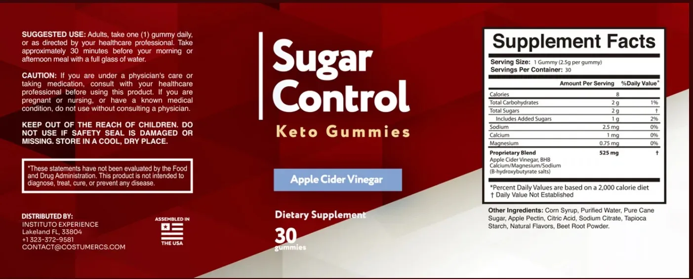 'Sugar Control Keto Gummies flat-lay product label detailing supplement facts, suggested use, caution statement, and distributor information.'